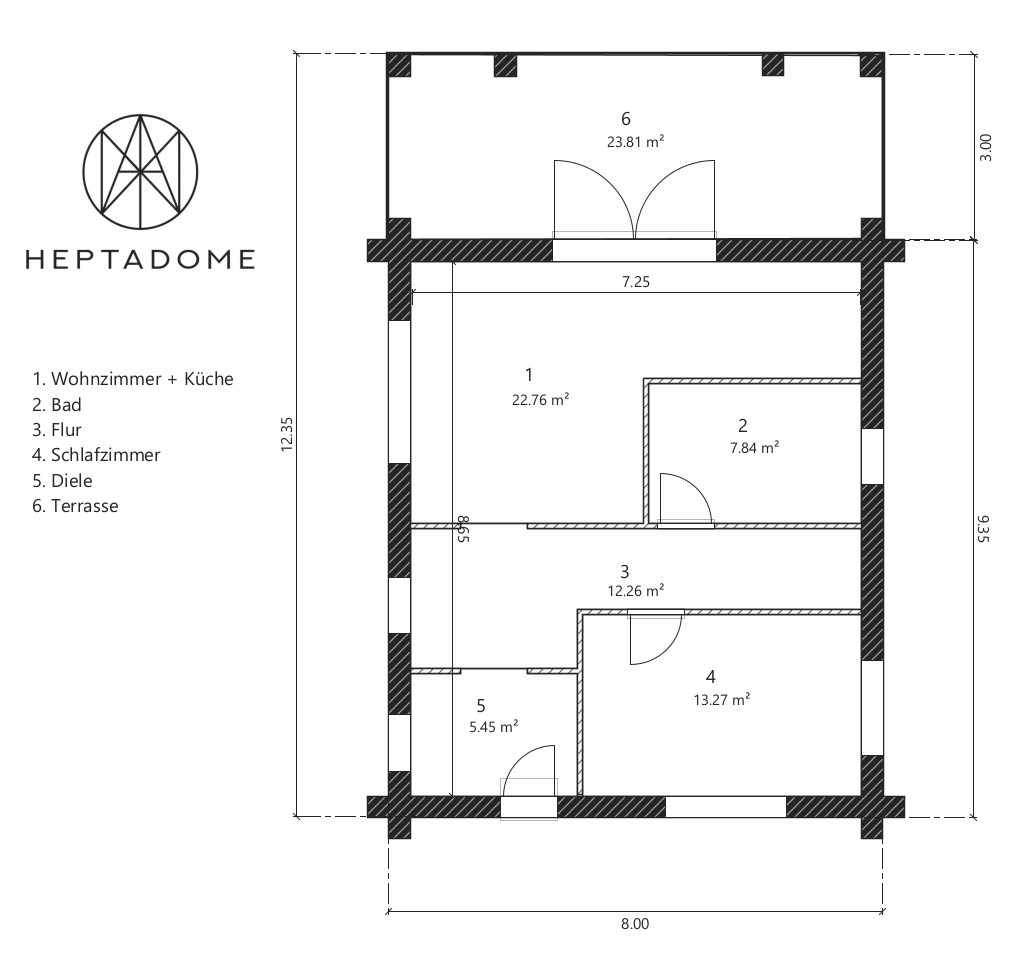 Planimetria della costruzione Casa in Legno modello Casa in Legno Dresda, vivere naturale, vivere bene di Heptadome