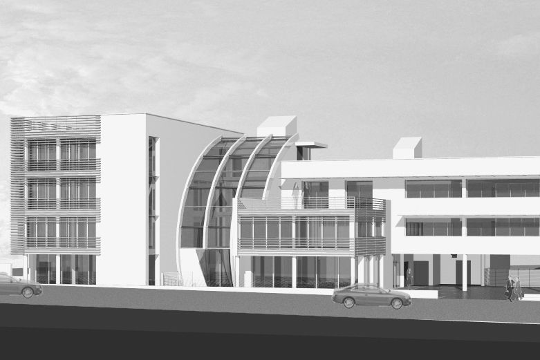 Progetto di edificio terziario e residenziale plurifamiliare in bioedilizia realizzato da Fulvio Miatello,  a Vedano Olona