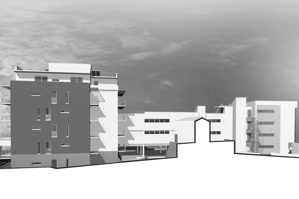 Progetto di edificio terziario e residenziale plurifamiliare in bioedilizia realizzato da Fulvio Miatello,  a Vedano Olona